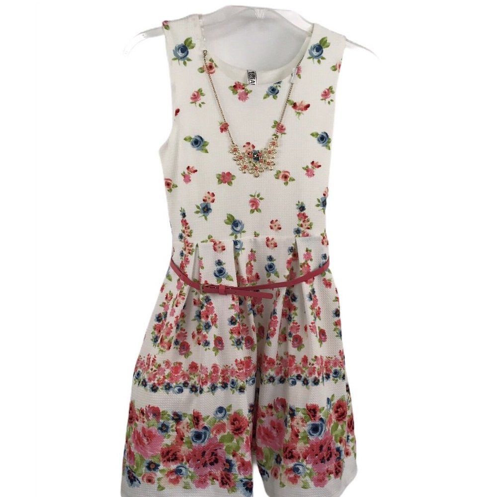 Beautees Girls Floral Skater Dress With Necklace Blue Pink Pleated Ivory Size 12